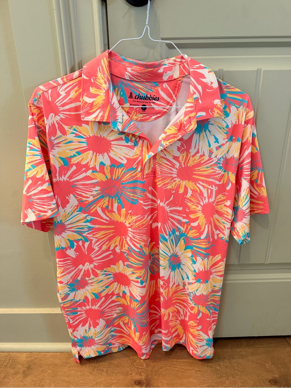 CHUBBIES Men Large Performance Polo Golf Shirt Casual Spring/Summer Pink Flowers